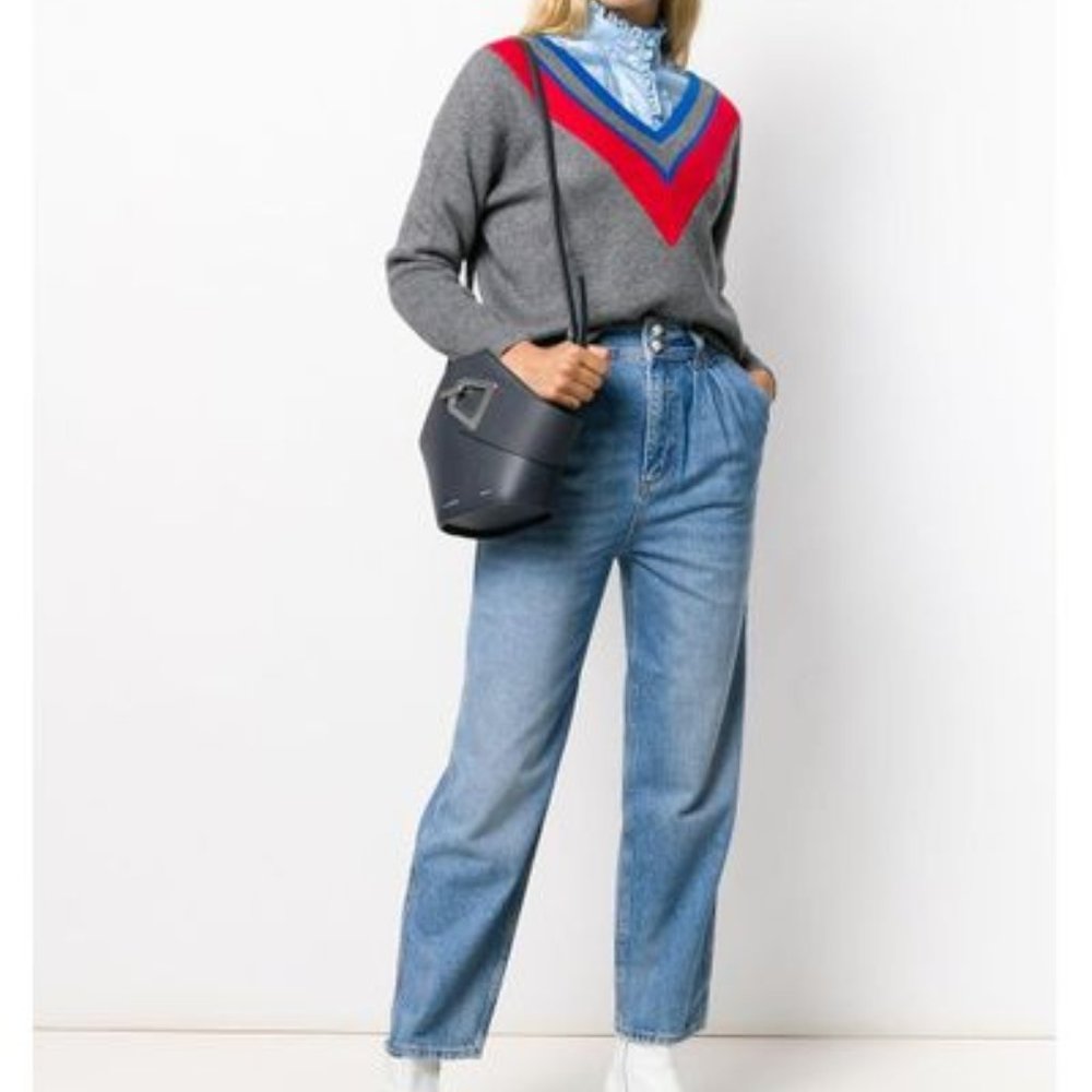Sandro  Stripe Wool V Neck Gray Sweater